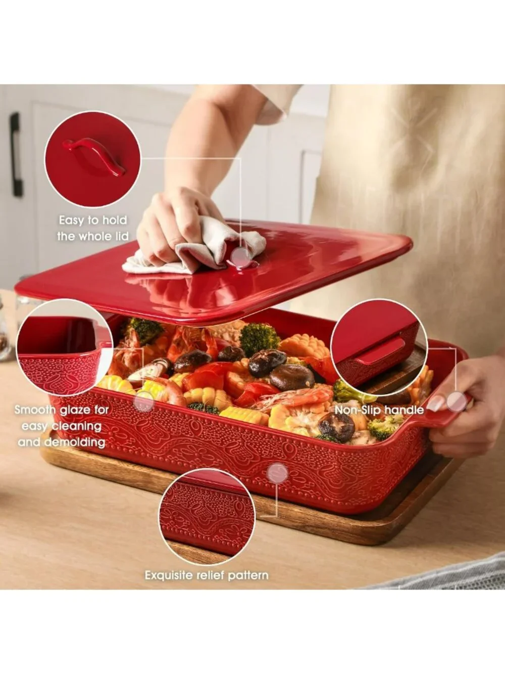 Ceramic Casserole Dish with Lid - 9x13 Rectangular Bakeware for Oven
